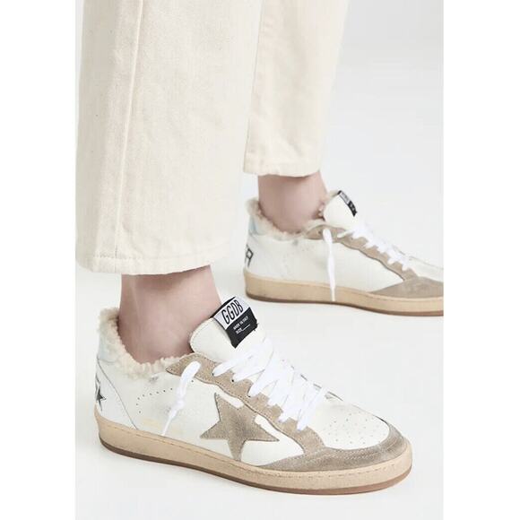 Golden Goose Ballstar Shearling Sneakers Low Top White Beige Leather Sz 38 / 8 - Picture 1 of 10